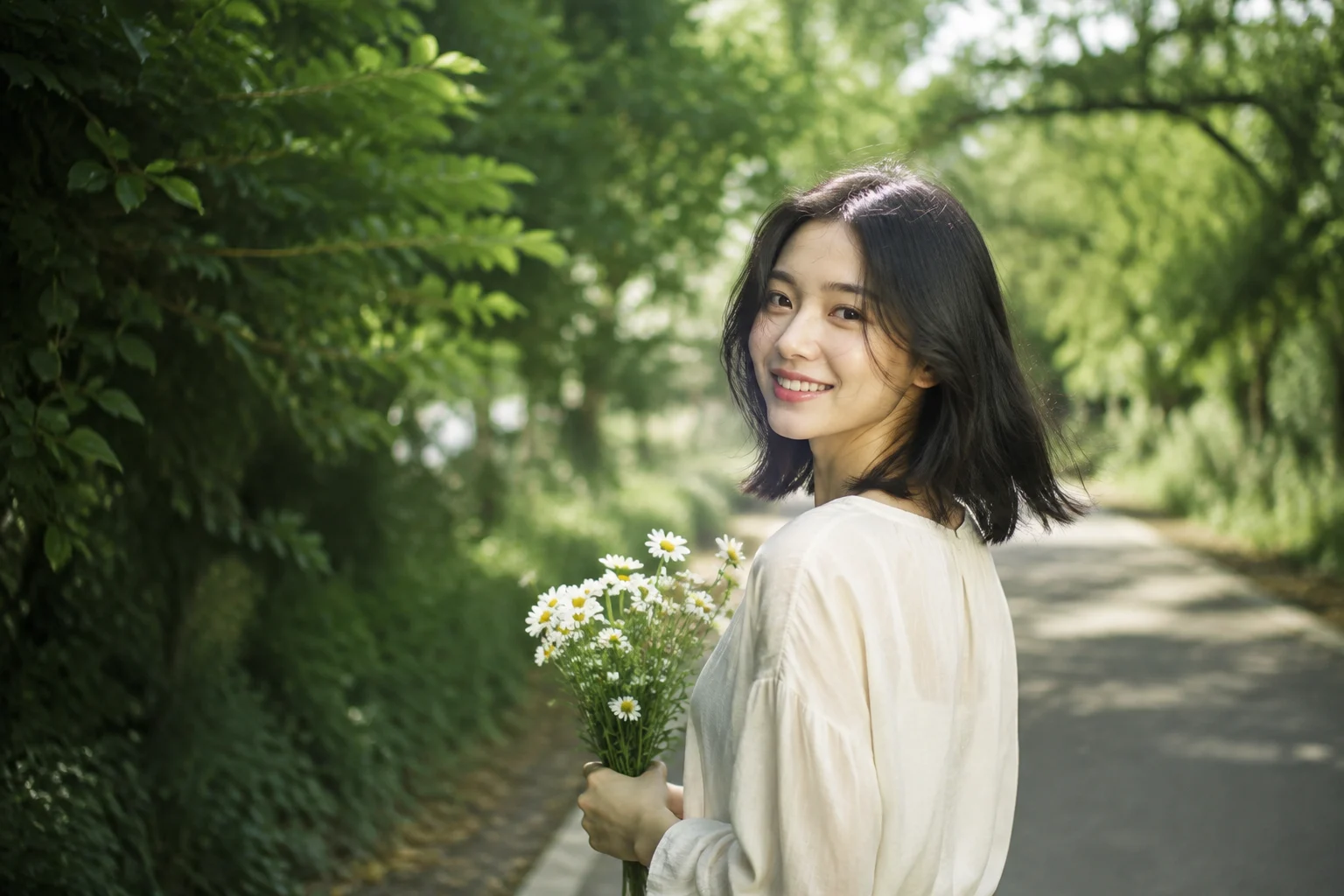 林荫路上,拿着雏菊回头微笑的女生